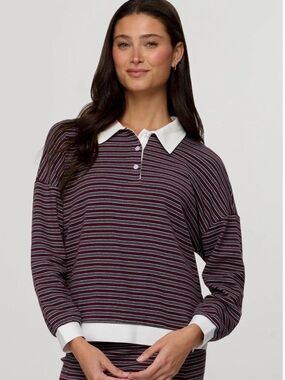 Kyra Striped Polo Sweatshirt in Burgundy/White